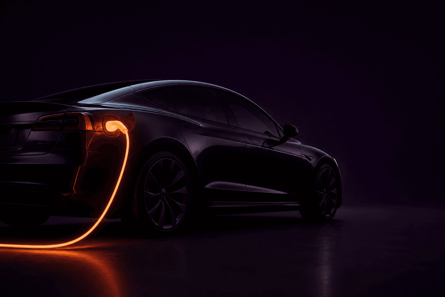 Electric car charging in a dark studio, the cable glowing amber