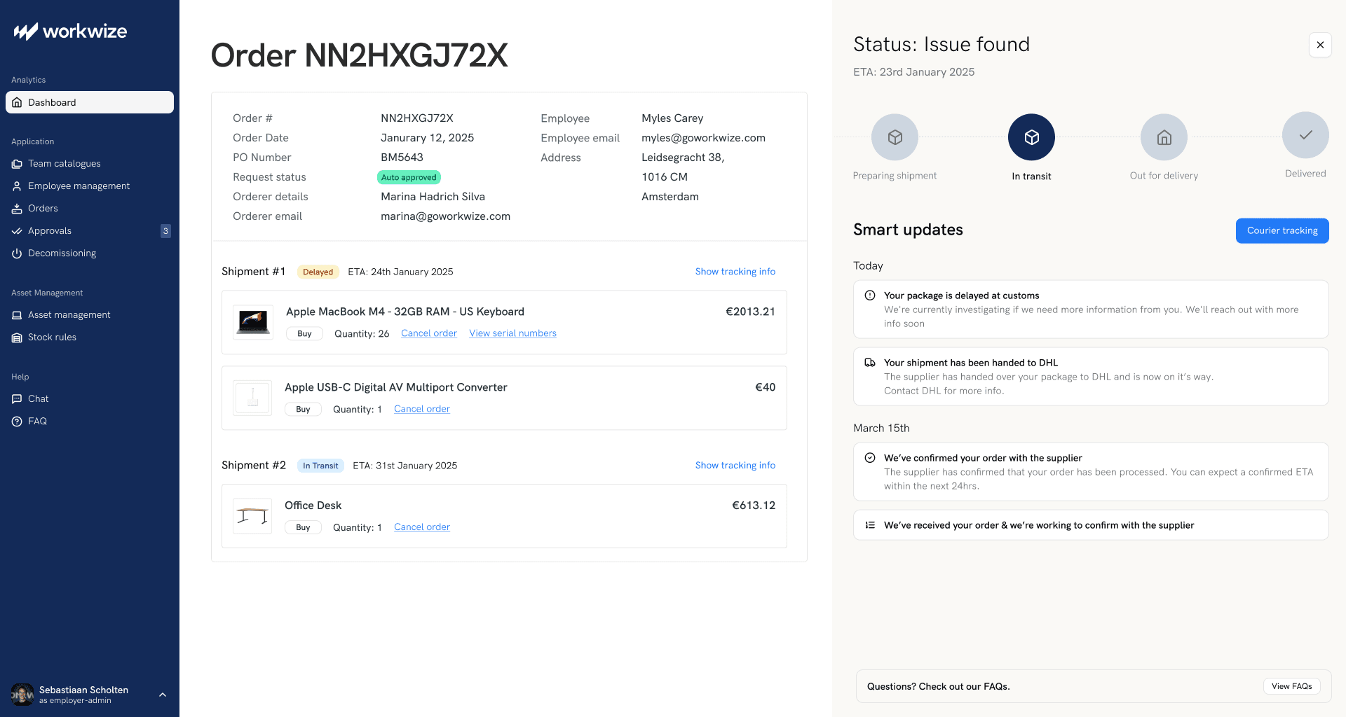 Workwize order page showing a delivery issue found, the shipment status and smart updates